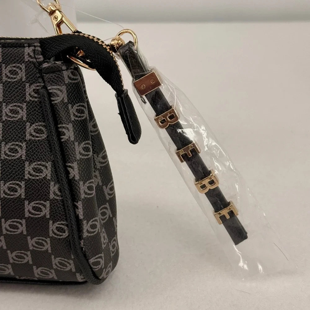 Bebe Adela Monogram Baguette Crossbody Bag Black Logo Print E02-5307PM NEW